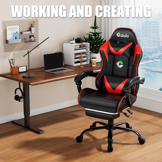 Gaming Chair with Footrest Racing Style Lumbar Support Massager Video Game Chair with Metal Legs, High Back Reclining Gamer Chair with Headrest, 360° Swivel Office Computer Desk Chair (Red)