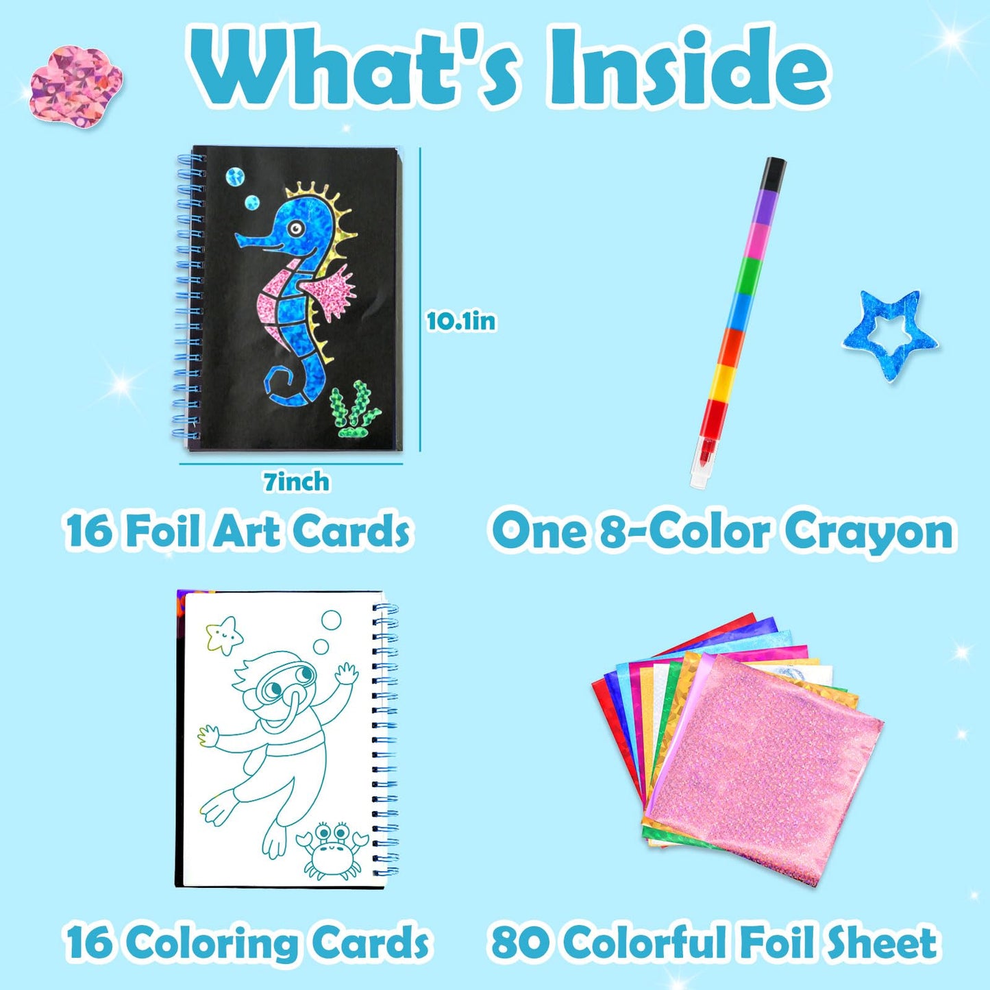 FUNNYB&G Foil Art Craft Kit for Girls 4-10 Years Old: Mess-Free & No-Glue, Create 16 Sparkly Ocean Pictures – Perfect Travel Toy & Birthday Gift for Kids (Ocean)