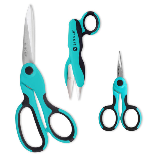 SINGER ProSeries Sewing Scissors Bundle: 8.5" Heavy Duty Fabric, 4.5" Detail Embroidery, 5" Thread Snips With Comfort Grip (Teal)