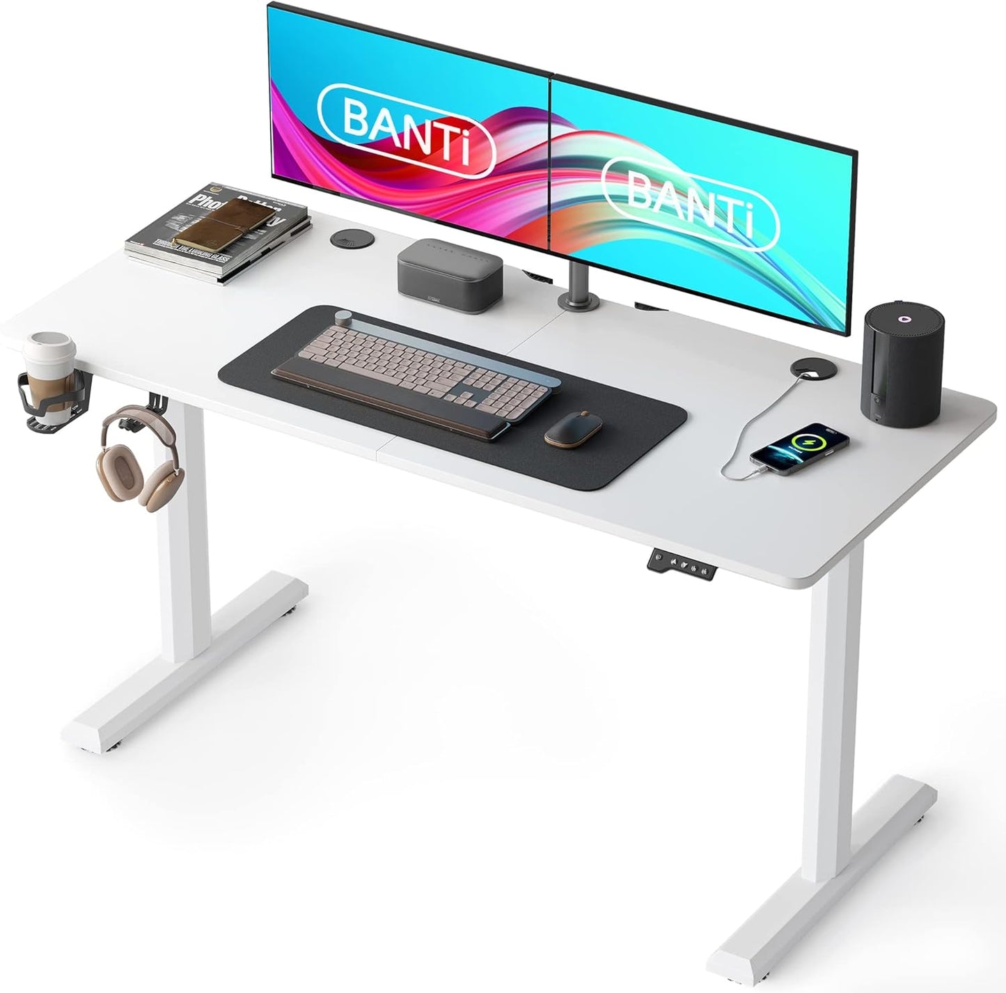 BANTI 55"x24" Standing Desk, Electric Stand up Height Adjustable Home Office Table, Sit Stand Desk with Splice Board, White Frame & White Top