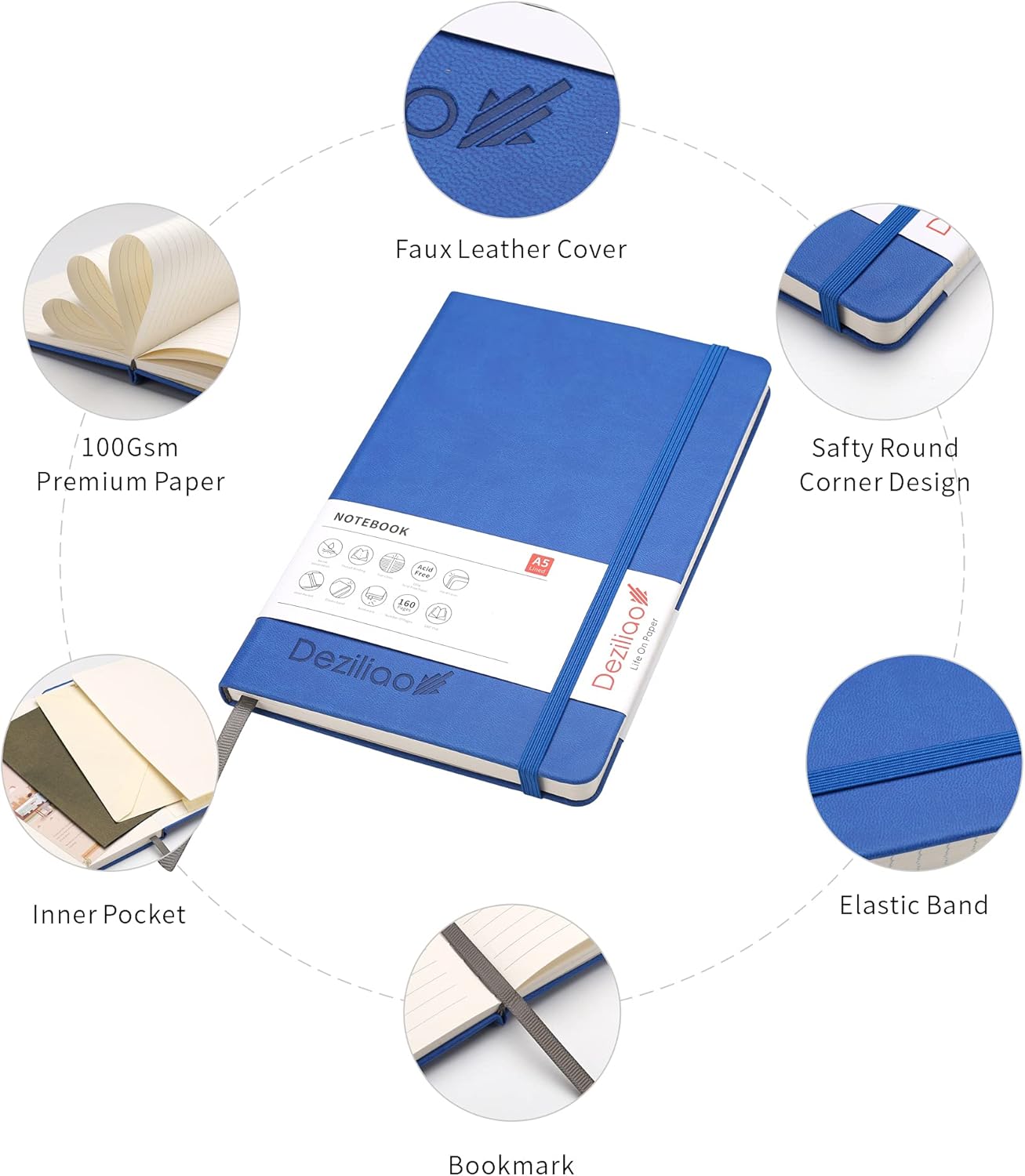 Deziliao Hardcover Notebook Journal 160 Pages, Lined Journal Notebooks for Work, 100Gsm Premium Thick Paper with Pocket, Medium 5.7"x8.4" （Blue, Ruled）