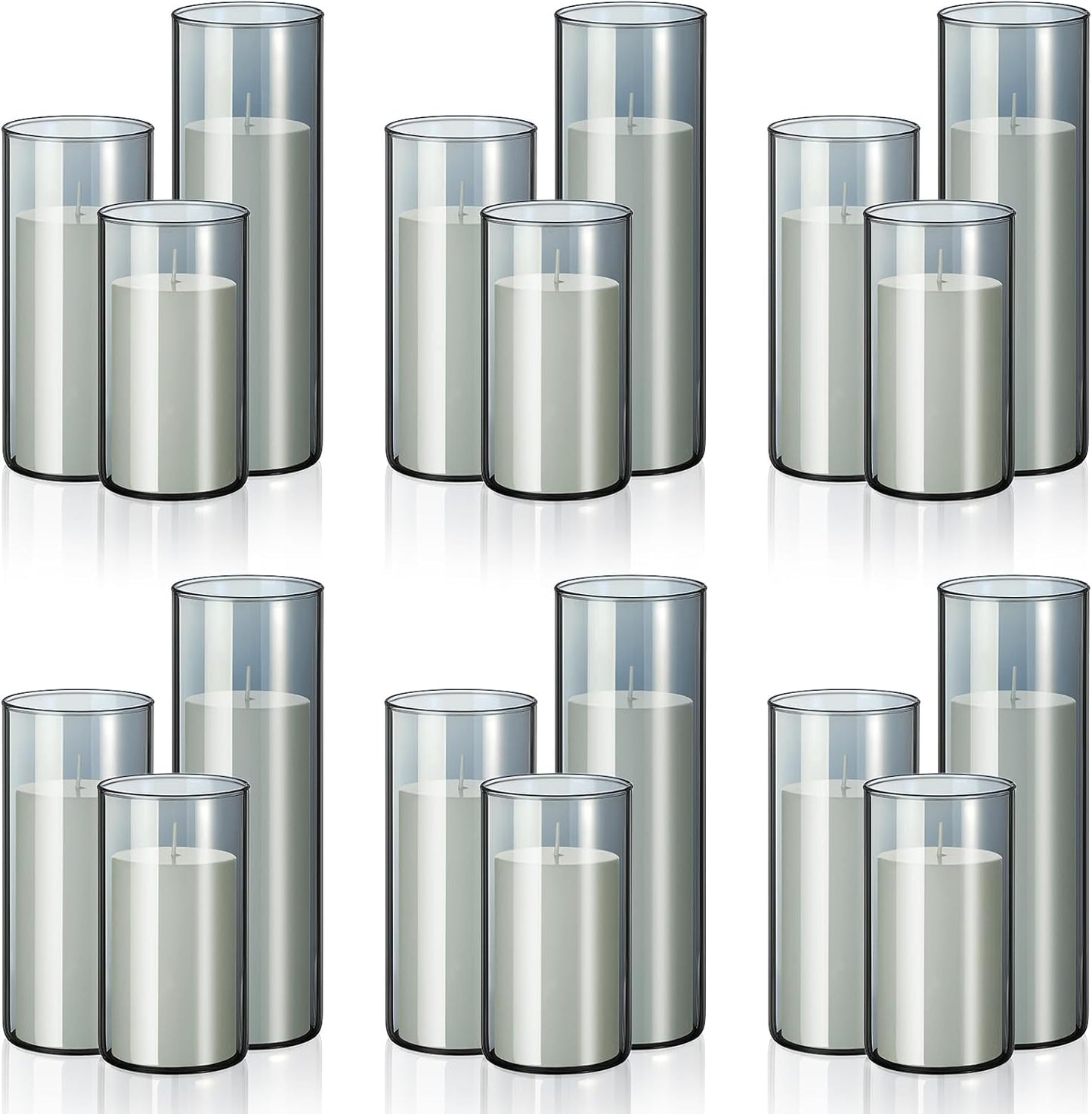 Shihanee 36 Pcs Pillar Candles and Glass Cylinder Vases Tall Cylinder Holders for Pillar Candles Wedding Centerpieces, Total 18 Sets(2.6'' X 4.7'', 5.9'', 7.9'',Smoke Gray,White)