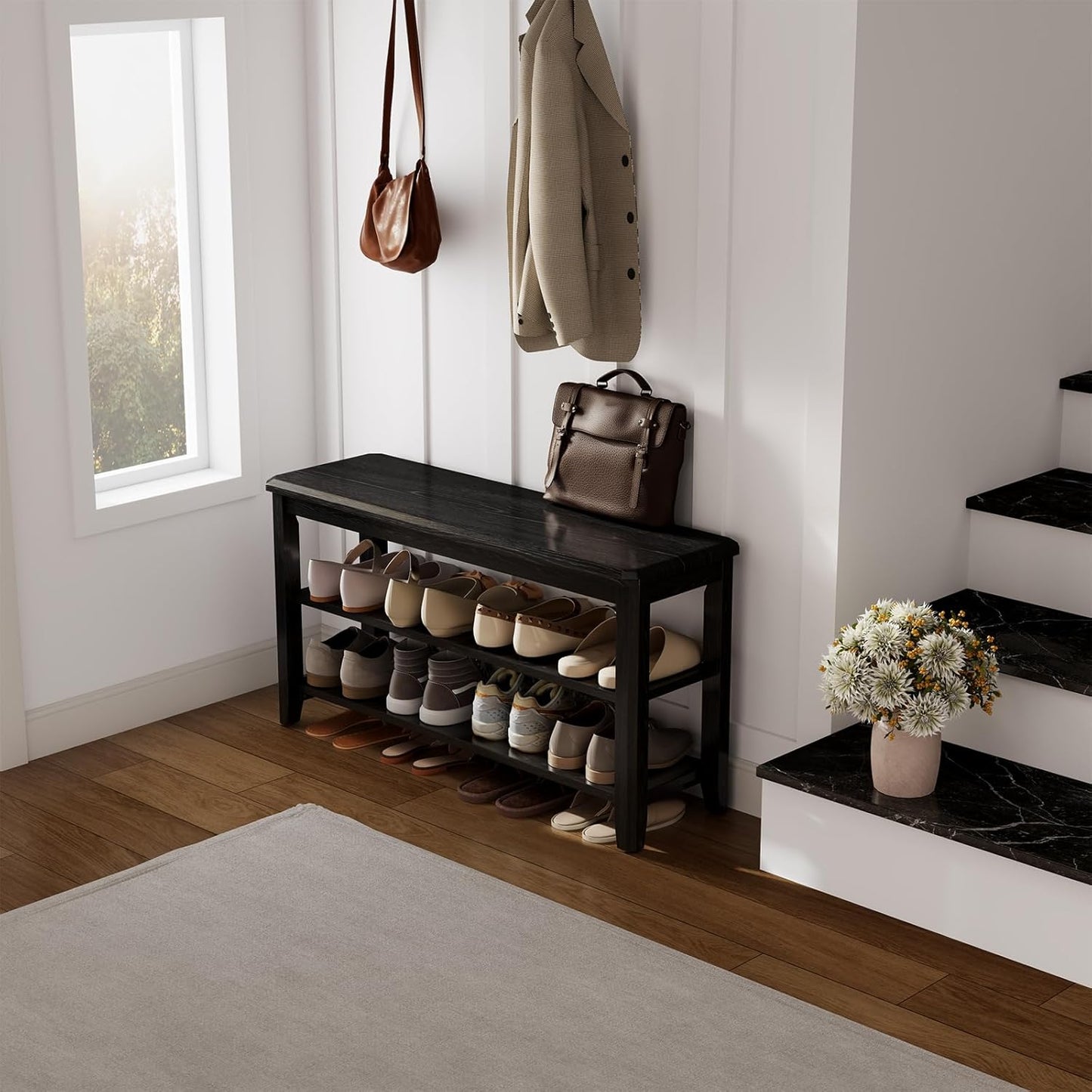 Wood Shoe Rack Bench for Entryway, 2 Tier Shoe Rack for Front Door Entrance, Shoe Bench with Shoe Storage for Entryway, Bedroom, 39.4"