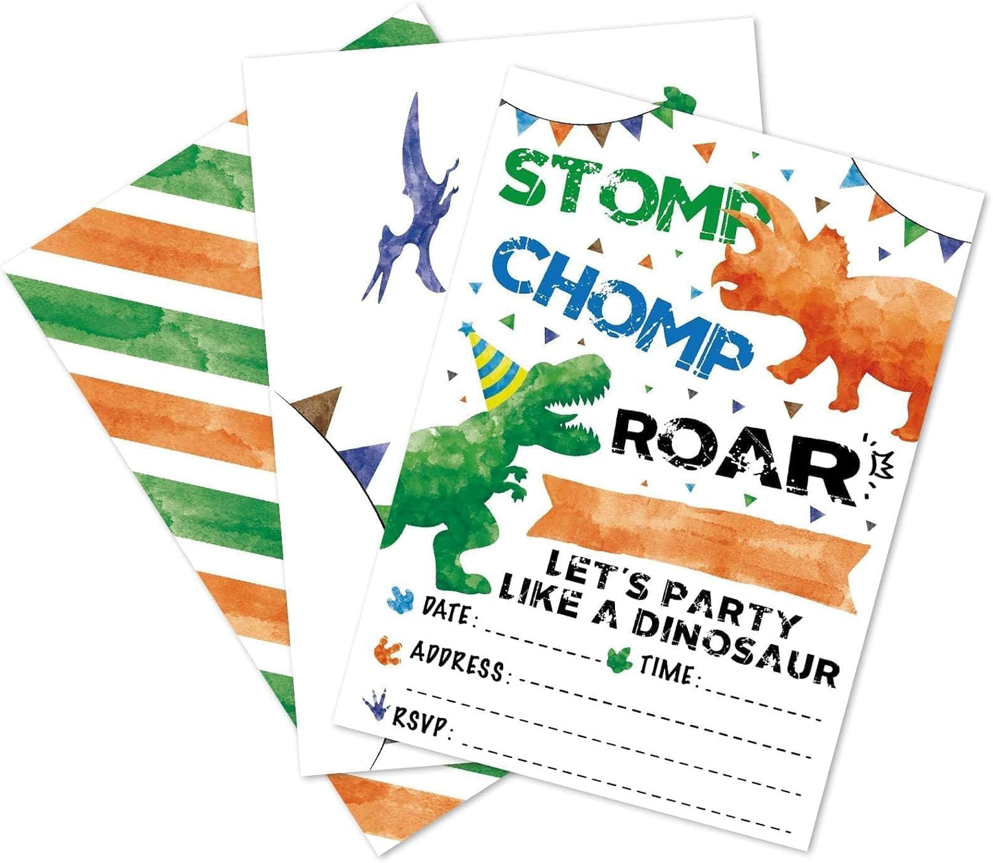 WERNNSAI Dinosaur Birthday Party Invitation Cards - 20 Sets Watercolor Dinosaur Invitations with Envelopes for Boys Kids Dino Party Supplies Fill in T-Rex Invite Cards for Birthday Baby Shower Favors
