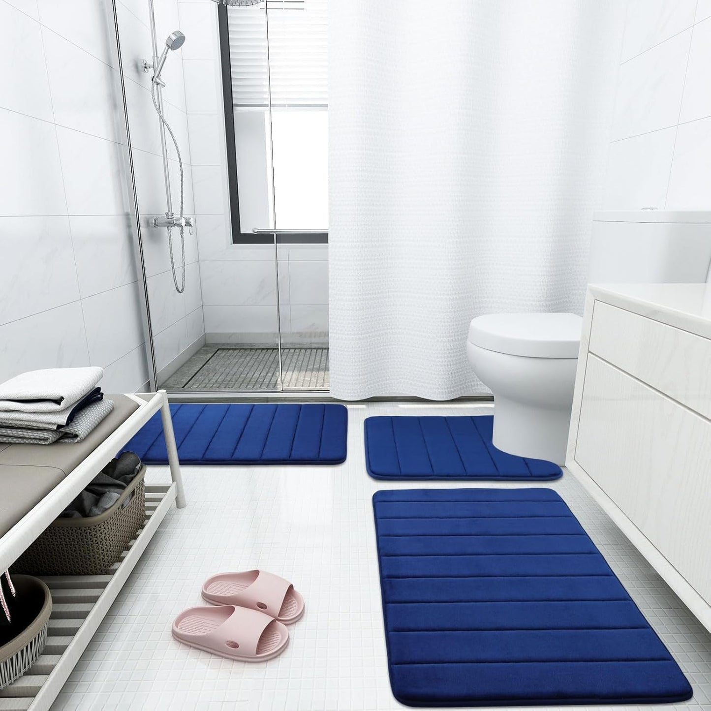 Buganda Memory Foam Bath Mat, 70" x 34", Ultra Soft and Non-Slip Bathroom Rugs, Water Absorbent and Machine Washable Bath Rug Runner for Bathroom, Shower, and Tub, Navy Blue