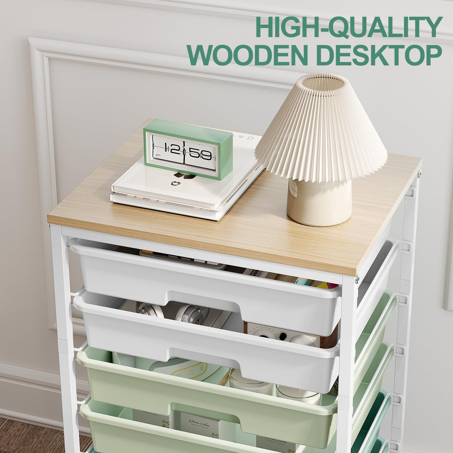 Storage Cart with 8 Drawers, Utility Cart with White Drawers and Wooden Tabletop, Craft Cart, Teacher Organization for Classroom, Storage Furniture, Office Organization, Green