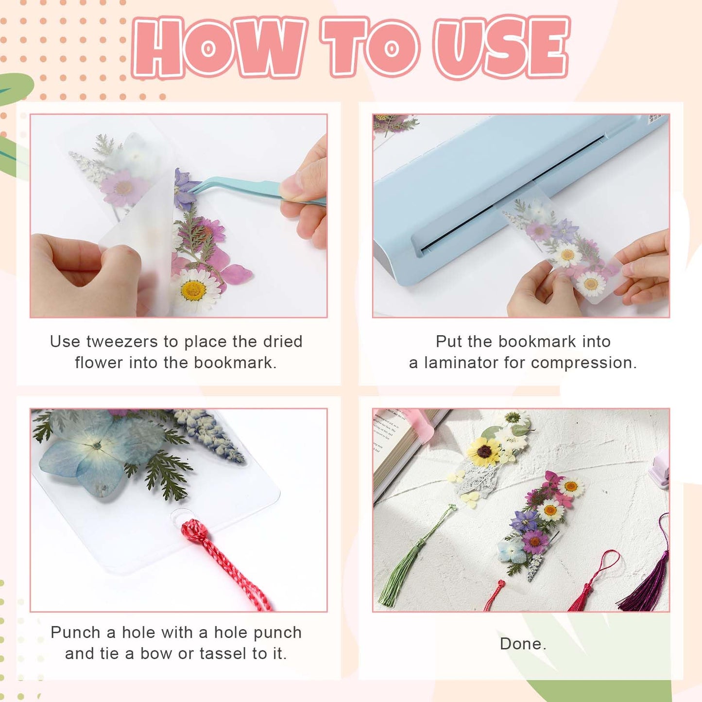 AmazingSpark 222 Pcs Dried Flower Bookmark Making Kit Include DIY Pressed Flower Colorful Tassels Ribbons and Transparent Bookmark Laminating Pouches 2 x 6 Inch(Purple)