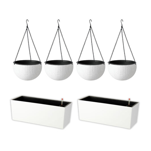 LaLaGreen Bundle- 4 Pack, 11 Inch Self Watering Hanging Basket + 2 Pack, 14 Inch White Rectangular Planter Window Flower Box with Bracket Round Plant Pots Outdoor Balcony Patio Porch Deck Garden Decor