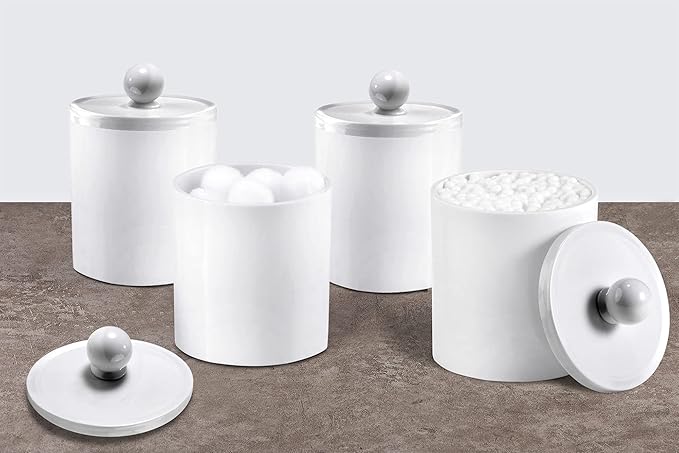 SheeChung Plastic Acrylic Bathroom Vanity Countertop Canister Jars with Storage Lid, Apothecary Jars Qtip Holder Makeup Organizer for Cotton Balls,Swabs,Pads,Bath Salts (White, 4 Pack of 15 oz.)