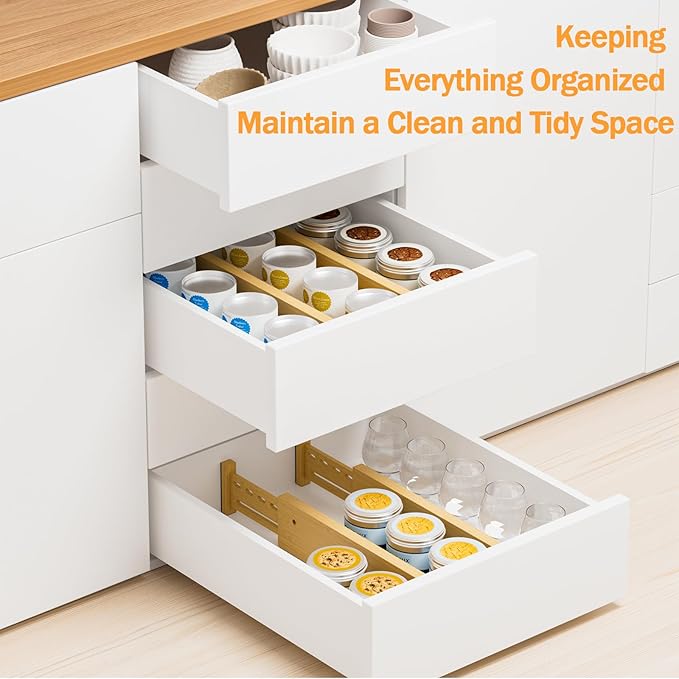 Bamboo Drawer Dividers 4" High, 12.8-18" Adjustable Drawer Organizers for Clothes,Expandable Dresser Separators in Bedroom/Kitchen/Bathroom/Office Organization and Storage,4 Pack