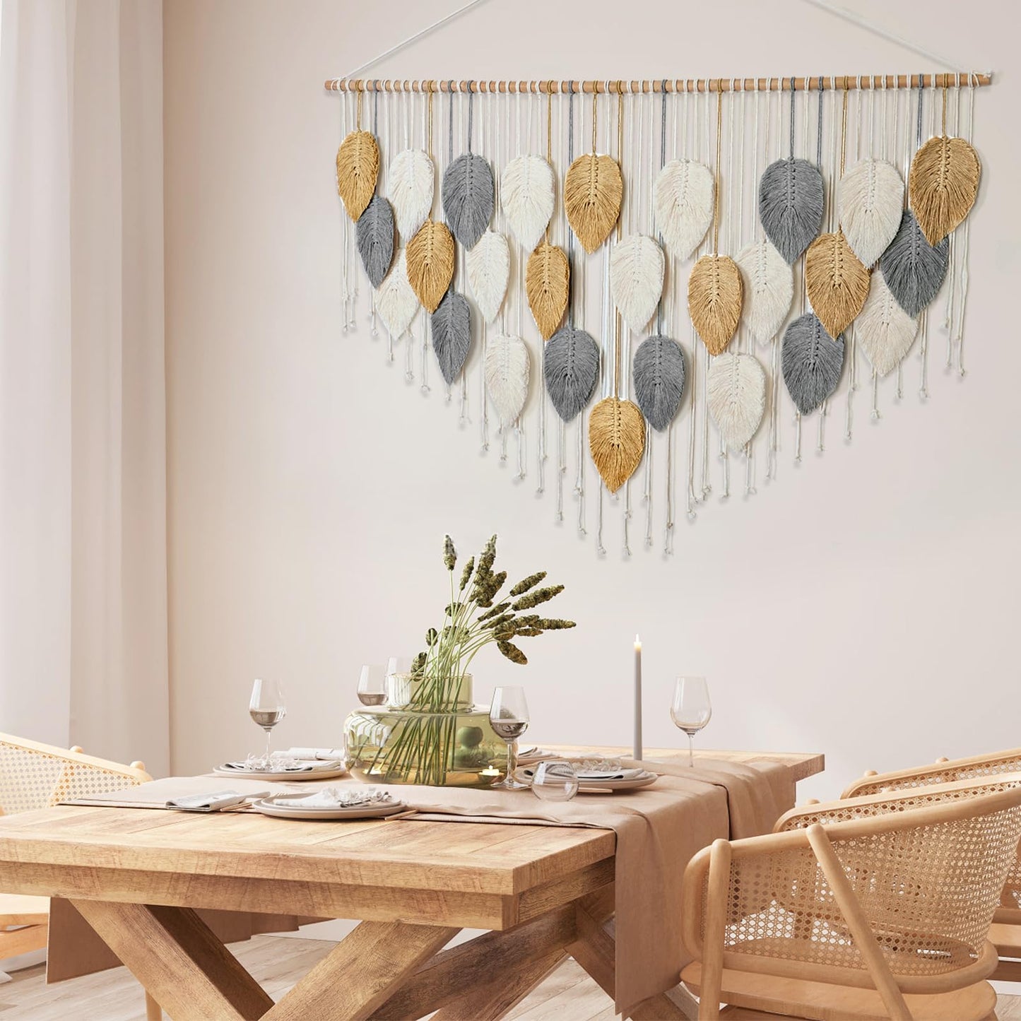 KHOYIME Large Macrame Wall Hanging Boho Woven Tapestry, Chic Modern Home Decor Bohemian Farmhouse Handmade Leaf Feather Wall Art Decorations for Living Room Bedroom Nursery Dorm Backdrop 51.5"W X 33.5"L