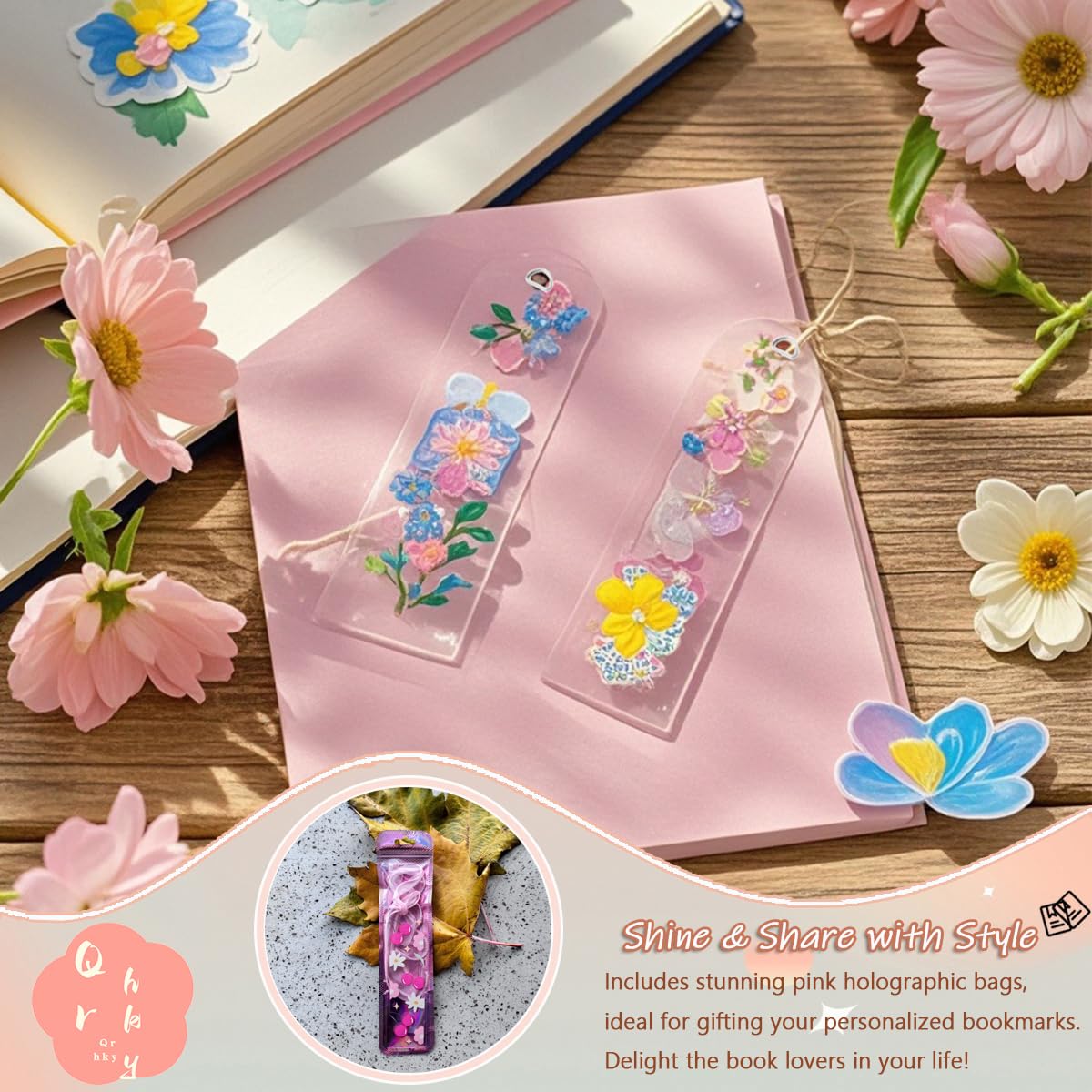 Qrhky 86PCS Acrylic Bookmark Blanks Kit, 20PCS Blank Bookmarks with 25PCS Book Lover UV DTF Sticker, 20PCS Ribbon, 20 Holographic Bags, 1PCS Tweezers, Clear Bookmark Kit for DIY and Gifts