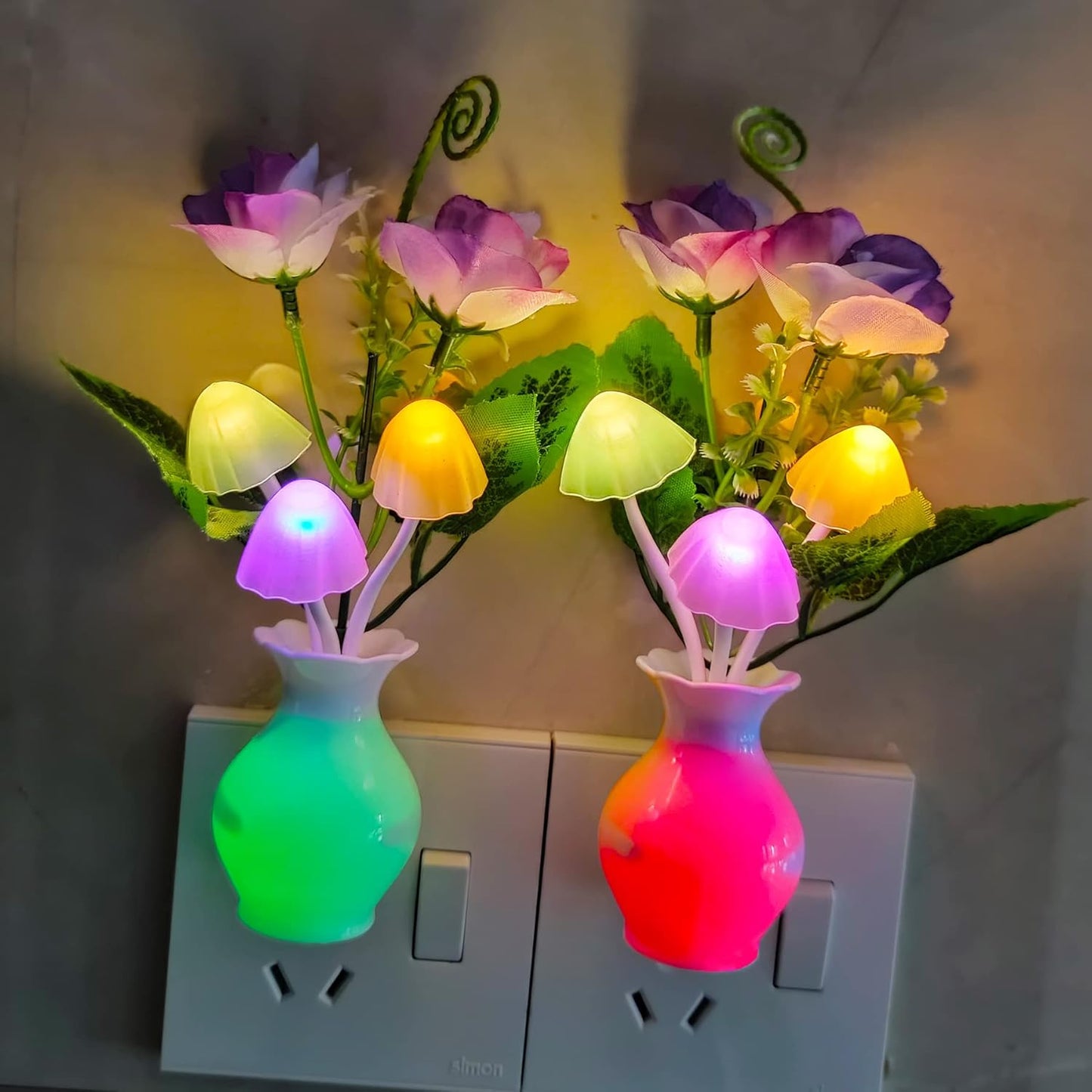 AUSAYE 2Pack Led Night Light Plug in Sensor Light, Energy Saving Lamp Dream Nightlight Rose Flower Mushroom Night Lights for Kids Adults Bedroom,Bathroom,Living Room,Stairs, Kitchen,Hallway