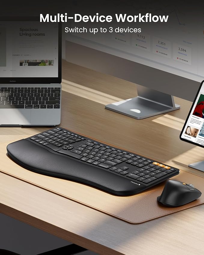 ProtoArc Ergonomic Wireless Keyboard Mouse, EKM01 Plus Full Size Ergo Bluetooth Keyboard Mouse Combo, Split Design, Wrist Rest, Multi-Device, Rechargeable, for Windows/Mac OS - Black