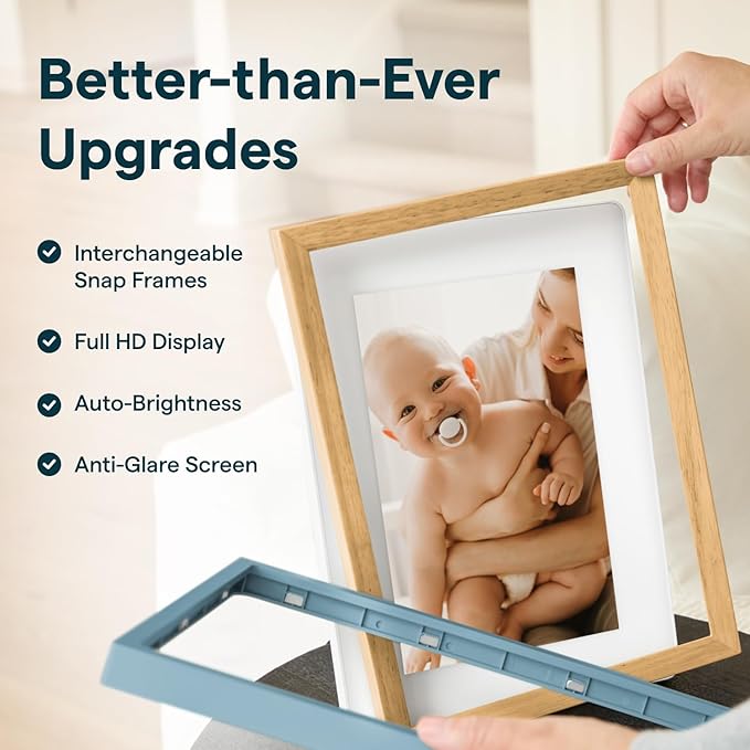 Skylight Digital Picture Frame 2 – 10" Full HD Wi-Fi Touch Screen, 16GB Digital Photo Frame, Load Photos & Videos Directly from Phone, Anti-Glare – Personalized Gifting, Rubber Wood Birch Brown