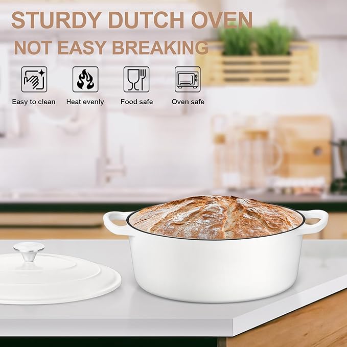 E-far 5QT Oval Dutch Oven Pot with Lid, Enameled Cast Iron Dutch Oven with Dual Handles for Sourdough Bread Baking Cooking, Nonstick Enamel Coated Cookware(White), Non-Toxic & Easy Clean