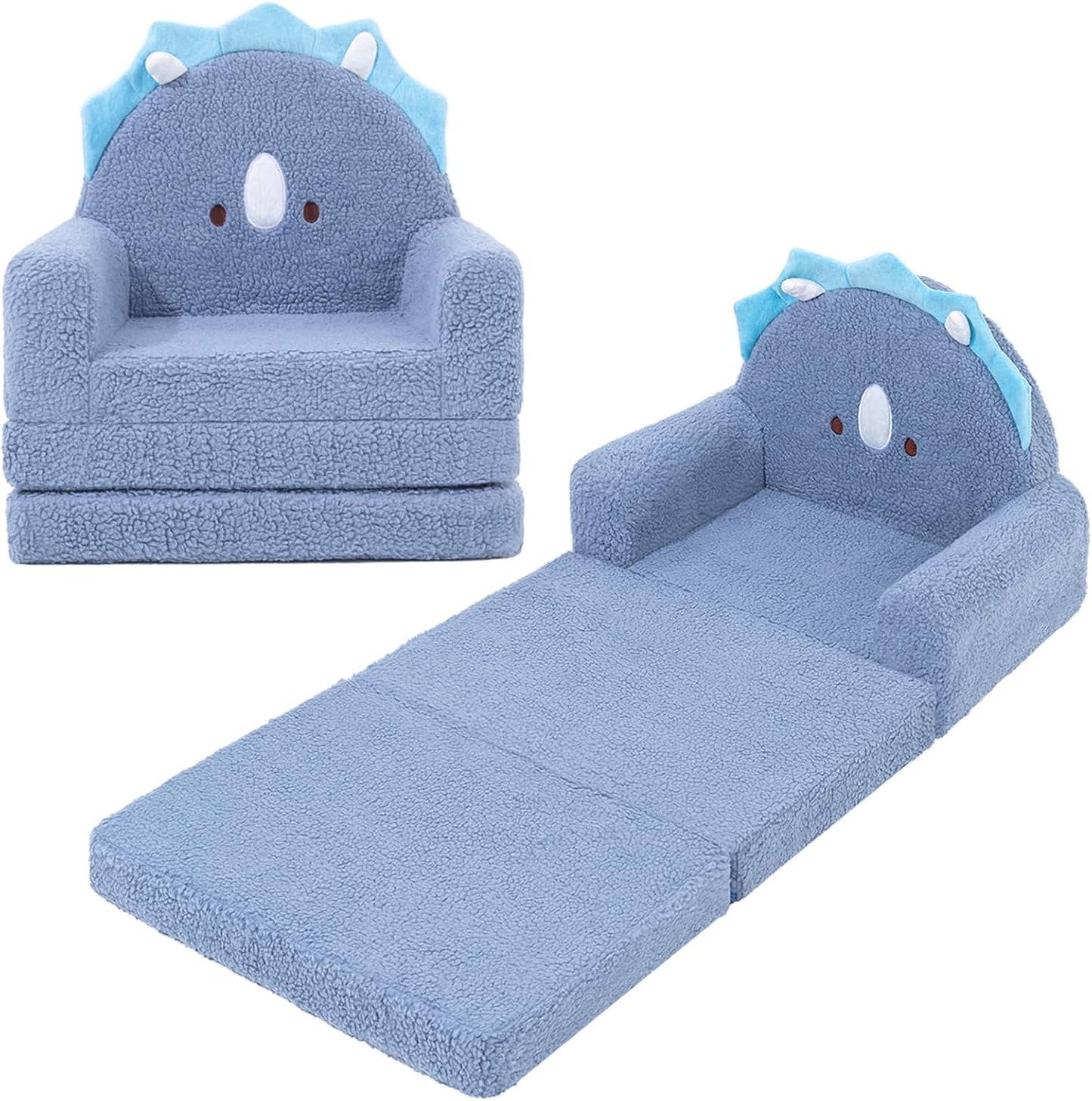 MOONBEEKI 2-in-1 Foldable Toddler Couch, Soft Sherpa Fabric with Washable Cover, Convertible Sofa to Lounger, Kids Sofa for Playroom, Bedroom, Living Room, Birthday Gift, Ages 1-3, Blue Triceratops