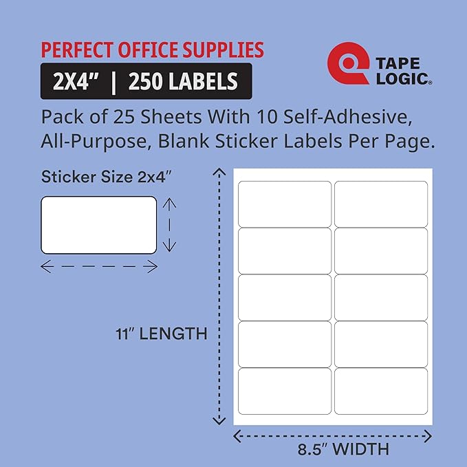 TAPE LOGIC Printable Self-Adhesive 2" x 4” White Laser Labels (25 Sheets of 10) | 250 All Purpose Blank Sticker Label, Office & Personal Supplies for Address Shipping & Mailing