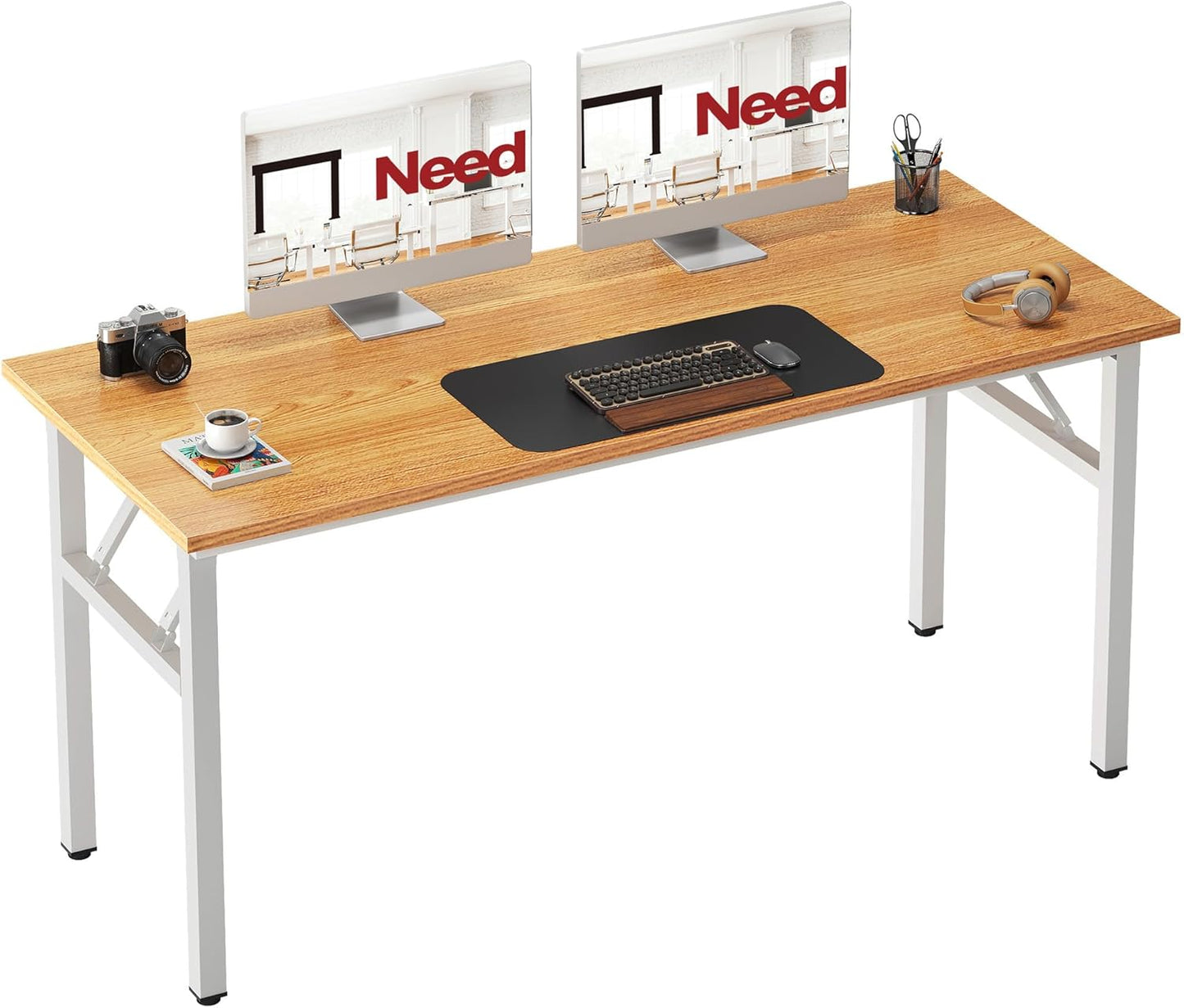 Need Office Computer Desk - 54.3L Sturdy and Heavy Duty Folding Laptop Table,Writing Table/Home Office Desk/Sewing Table,No Assembly Required (Teak&White) AC5BW138