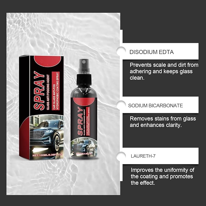 Auto Glass Cleaner Spray for Windshield Windows Mirrors, Anti-Fog Prevents Buildup, Streak-Free Versatile Automotive Window Cleaner Car Glass Clean Spray, 3.38 fl oz