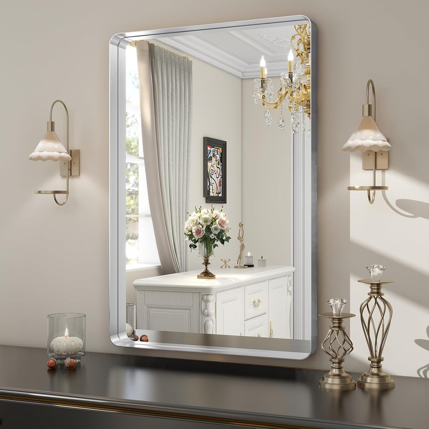 Silver Bathroom Mirror for Wall, 30x22 Inch Rectangular Aluminum Alloy Framed Mirror, Modern Wall Mounted Vanity Mirror for Bathroom, Vertical or Horizontal