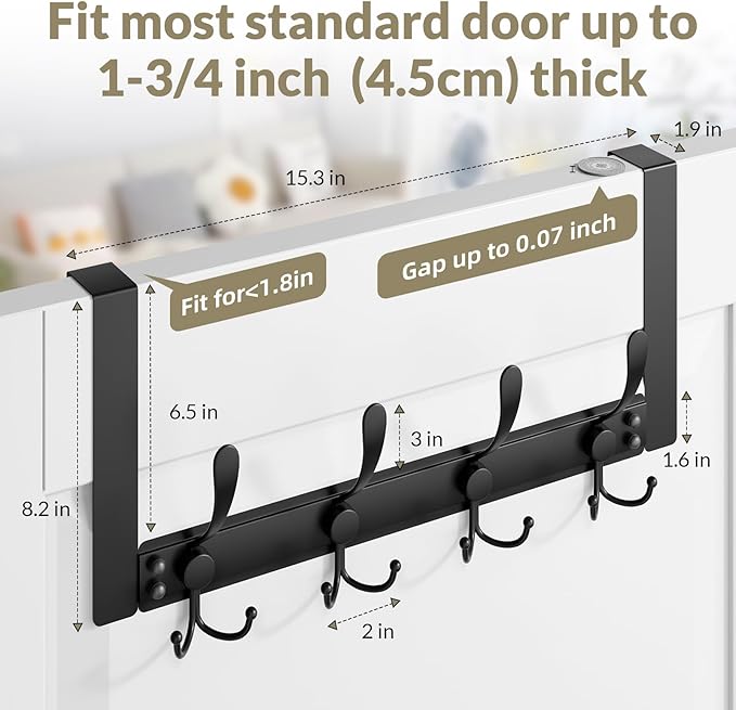Heavy Duty Over The Door Hooks Rustproof - 25lb Over The Door Towel Rack, Over The Door Towel Hook, Door Hanger for Bathroom, Coat Rack Dorm Room Essentials (1Pack,Black)
