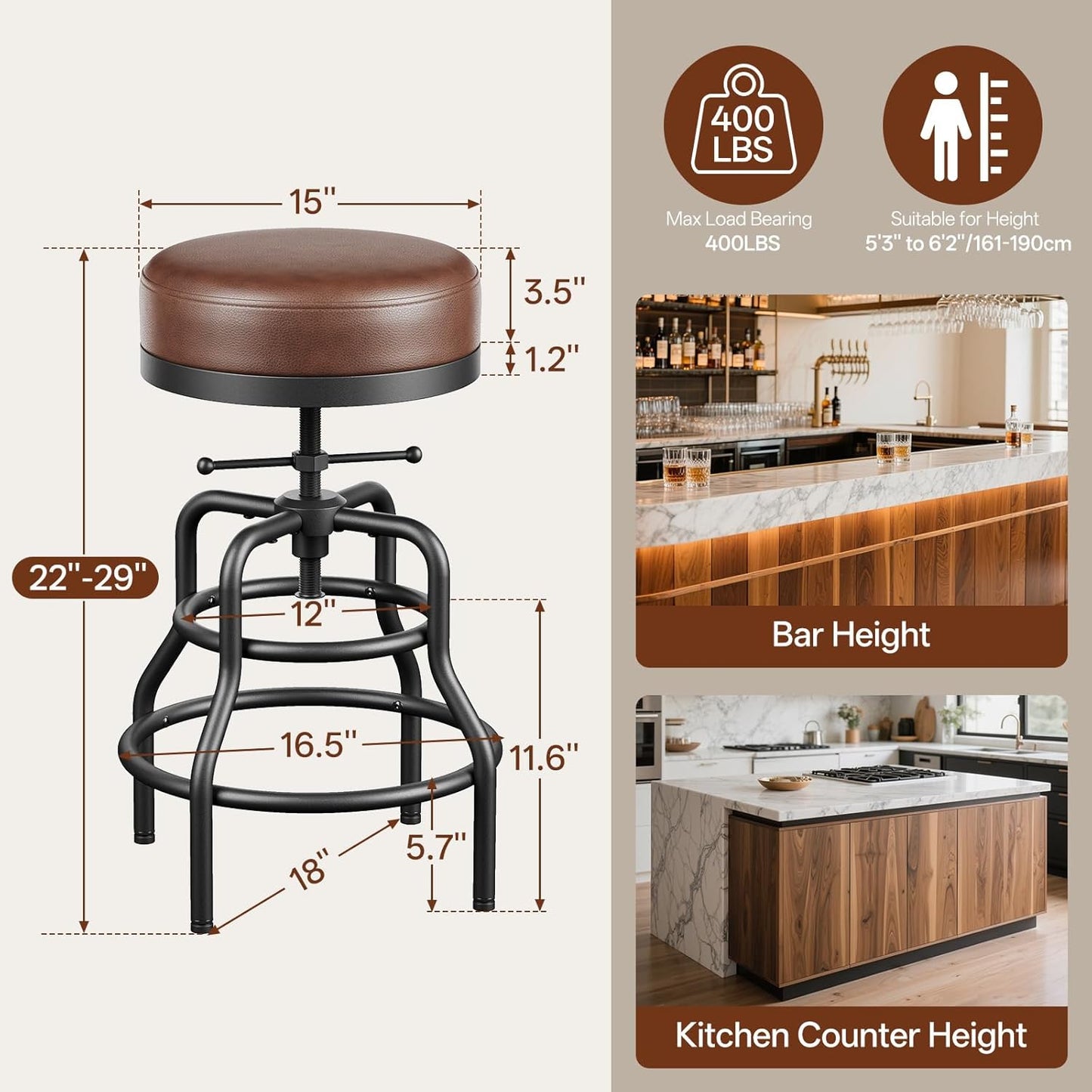 Adjustable Height Swivel Bar Stools Set of 3, 22-29 Inch Industrial Vintage Bar Counter Height Stools with Thicken Premium Bonded Leather Seats & Updated Footrests, Easy Assembly, Brown