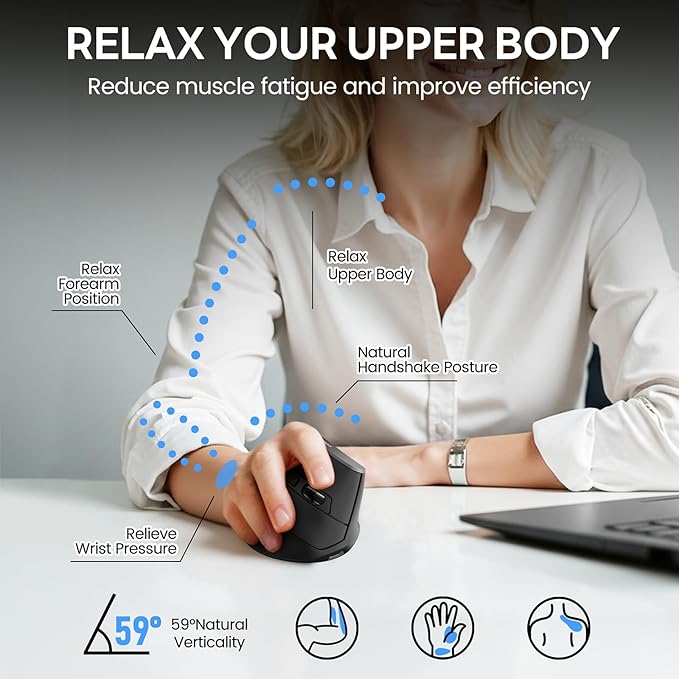 Uineer Ergonomic Wireless Mouse,Bluetooth Vertical Mouse with BT5.0/4.0/2.4G, Rechargeable with Battery Indicator,Ergonomic Design for Comfort and Reduced Wrist Strain for Home,Office Use,Black