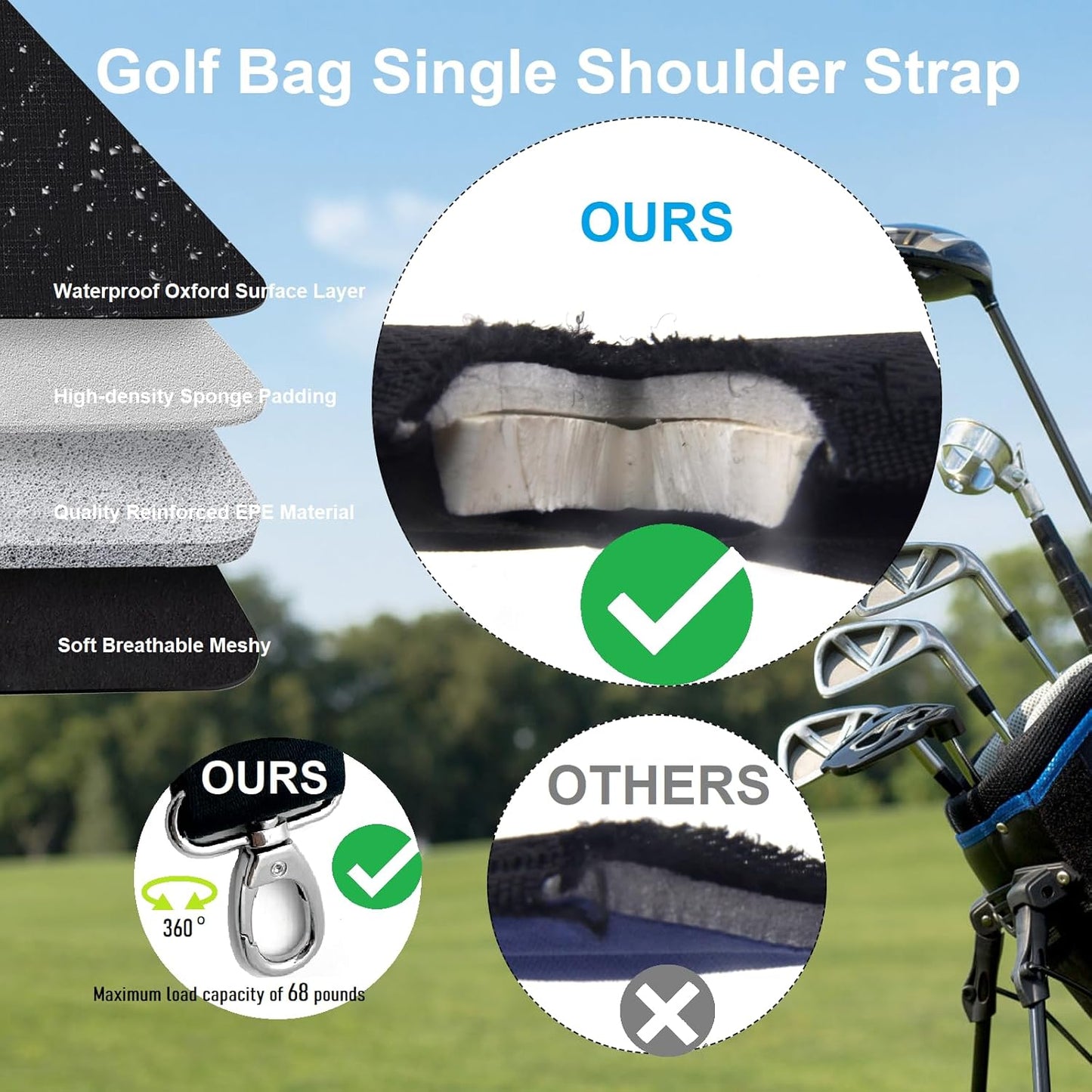 Golf Bag Shoulder Strap Upgraded Single Padded Adjustable Straps Universal Replacement(All in Black,1 Pack)