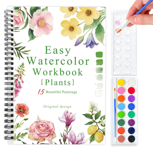 SLWBZ Watercolor Workbook Flower Plants, 15 Different Patterns of Original DIY Designs, 16 Color Watercolor Paint Plates with Palette and Brush, Beginner-Friendly Watercolor Workbooks, Plants
