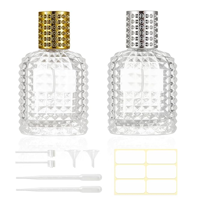 2 Pack 50ml Refillable Spray Perfume Bottles, Empty Clear Perfume Atomizer, Portable Perfume Mist Spray Bottle Travel Perfume Dispenser (50ML, Gold & Silver)