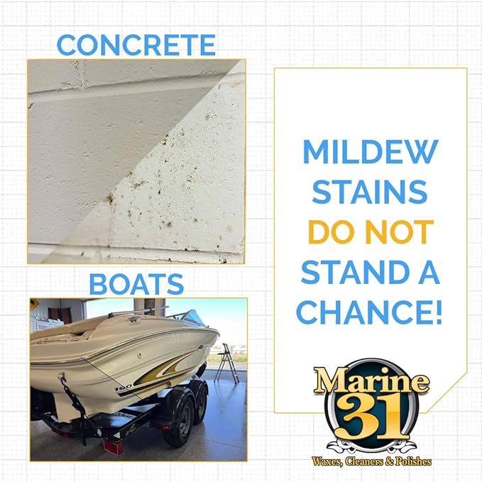Marine 31 Mildew Stain Remover & Cleaner | Eliminates Stains from Marine, Boat, Home & Patio Surfaces | Cleans Bathrooms, Showers & More | M31-371 | 32oz