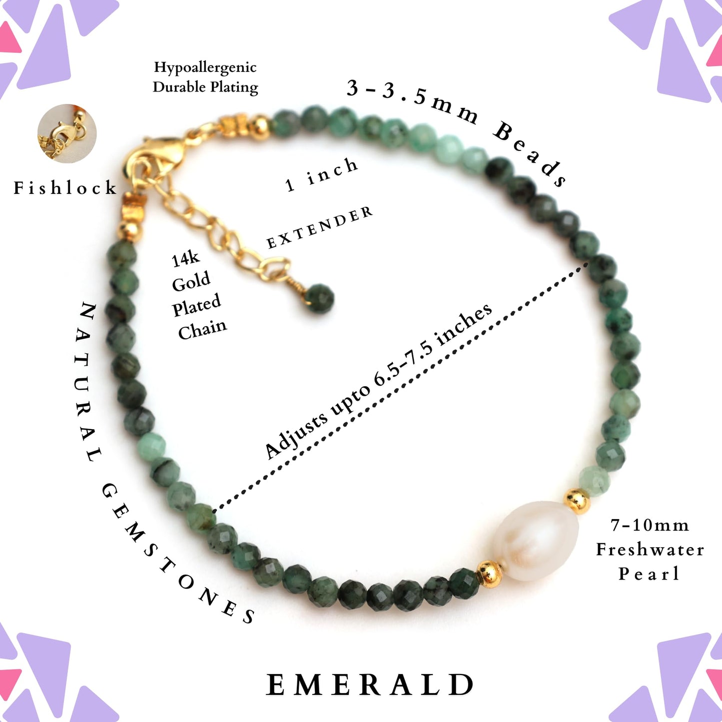 Gempires Emerald Beads with Freshwater Pearl Beaded Bracelet May Birthstone Jewelry Hypoallergenic Gold Plated 7.5 Inch Adjustable Chain Unique Everyday Wear Jewelry