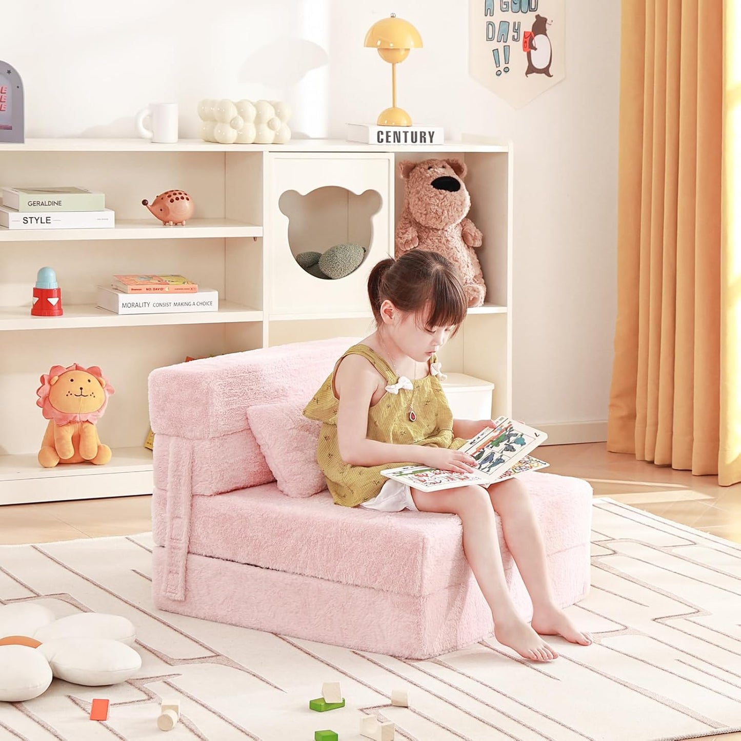 Folding Sofa Bed Floor Mattress for Kids with Pillow, Toddler Washable Folding Floor Nap Mat for Sleeping Daycare, Child Fold Up Sofa Futon Chair Bed with Storage Bag for Children
