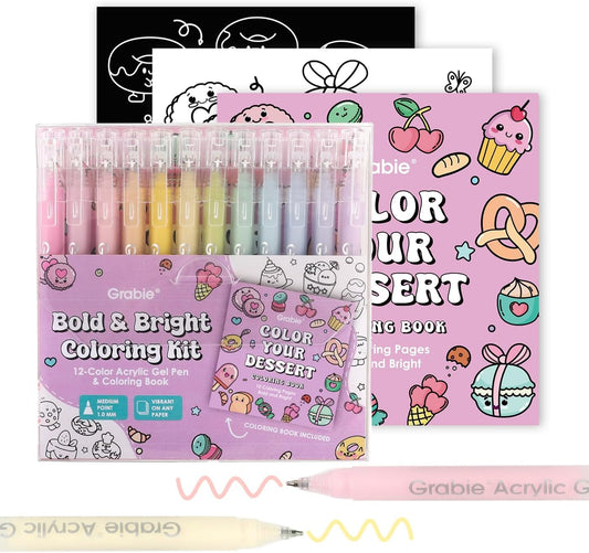 Grabie Coloring Kit, Acrylic Gel Pens Set with Coloring Book, 1.0mm Medium Tip Opaque Gel Pens for Adult Coloring Books, Drawing, Journaling, Planner, Art Supplies Gift Set of 12 Dessert Colors
