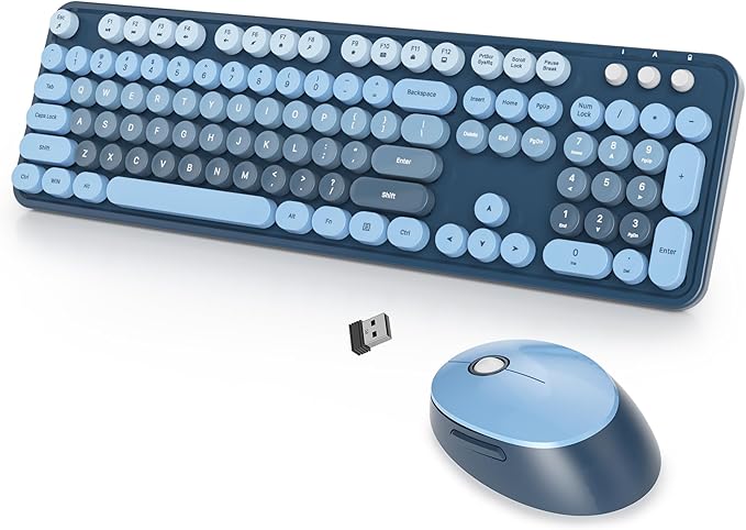 Wireless Keyboard and Mouse Set, Retro Typewriter, 2.4GHz Full Size 104-Key Cute Keyboard with Number Pad, Colorful with Round Keycaps for Windows PC Laptop(Sea Blue)