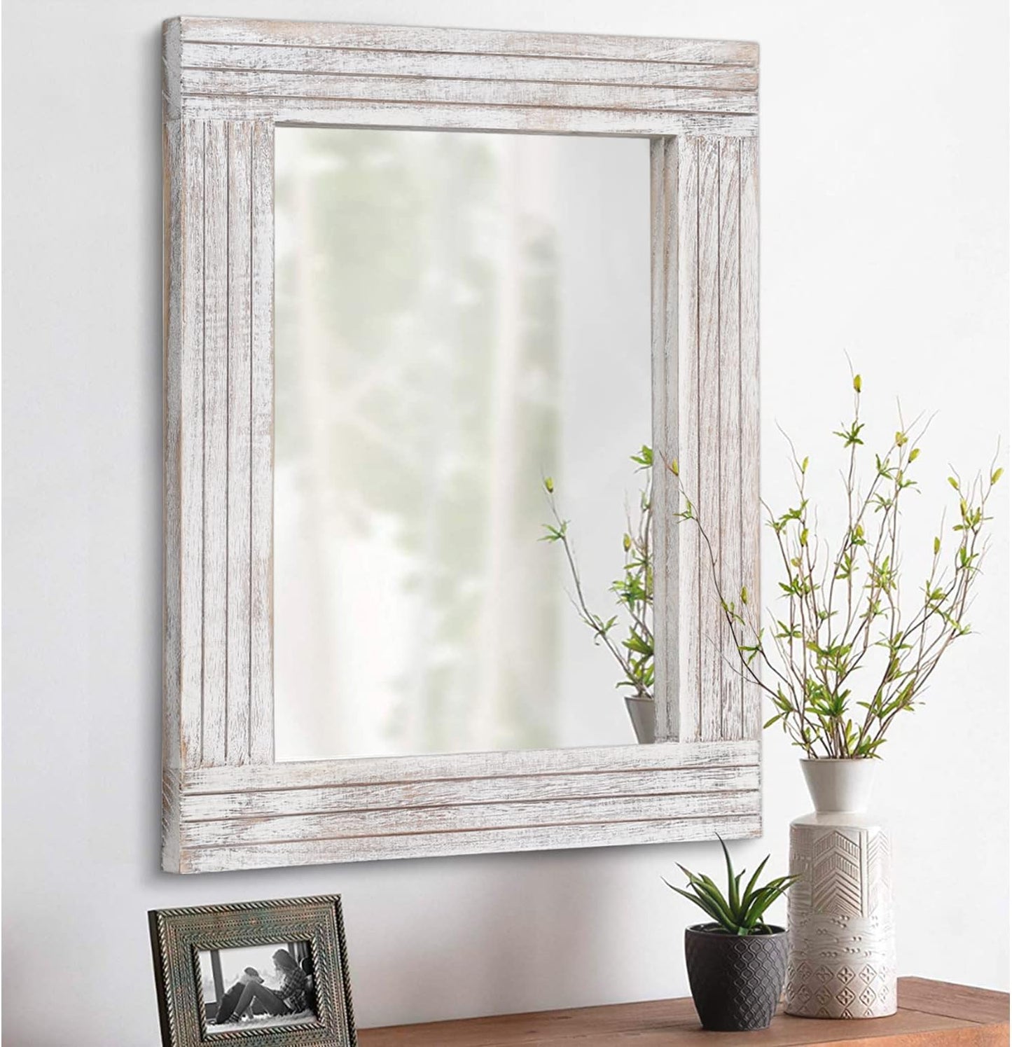 Mirrors for Wall Rustic Wooden Frame Rectangle Mirror Vintage Hanging Mirror for Bedroom Bathroom Living Room Farmhouse Wall Decor White Small 16" x 12 "