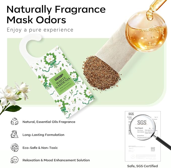 MYARO Large Hanging Sachets Scented for Drawer and Closet, 12 Pcs Potpourri Bags Long Lasting Air Freshener for Home Car House (White Gardenia)