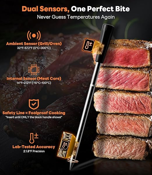 Beelicious Pro Wireless Meat Thermometer – Stable Bluetooth Smart Probe with ±1.8℉ Accuracy, 0.5s Fast Response & Long-Lasting Battery, IP67 Waterproof, App Controlled for Grill, Oven, Air Fryer
