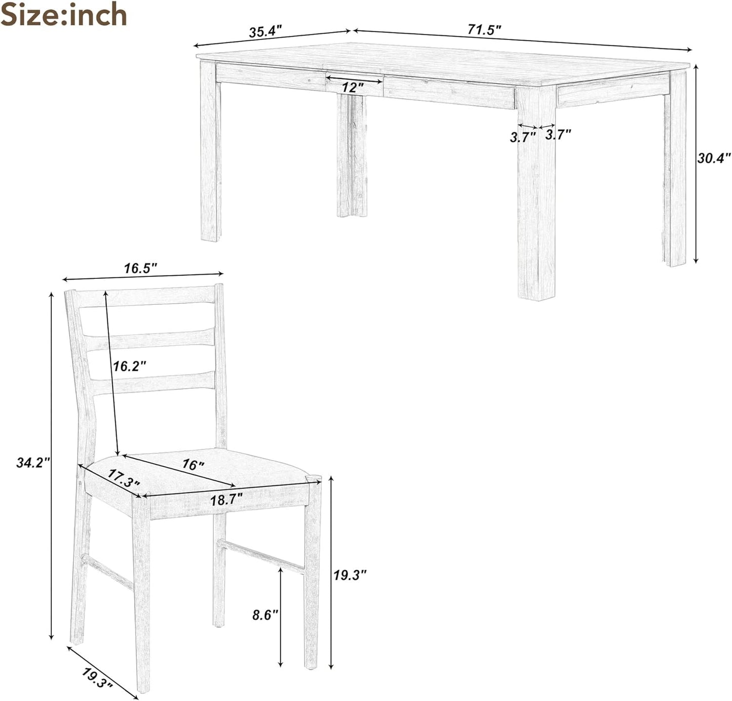 7 Pieces Dining Table Set with 6 Upholstered Chairs,Living Room Desk W/ 2 Drawers and 71.5" Rectangle Extendable Leaf,for Restaurant,Home Bistro,Natural Wood Wash