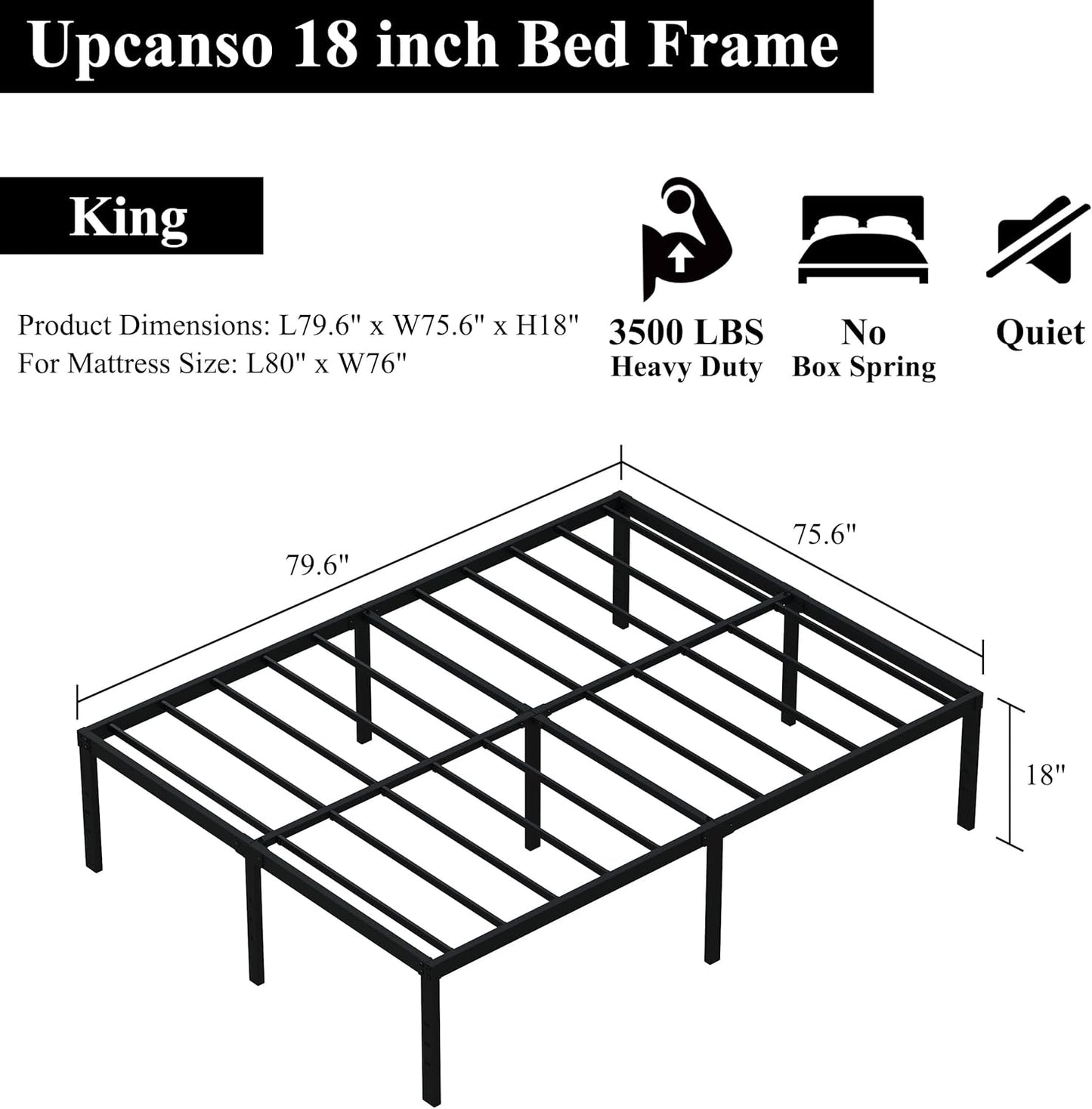 18 Inch King Bed Frame Heavy Duty Metal Platform King Size Bed Frames with High Storage, Eassy Assembly 3,500 Lbs Heavy Duty Bedframes, Black