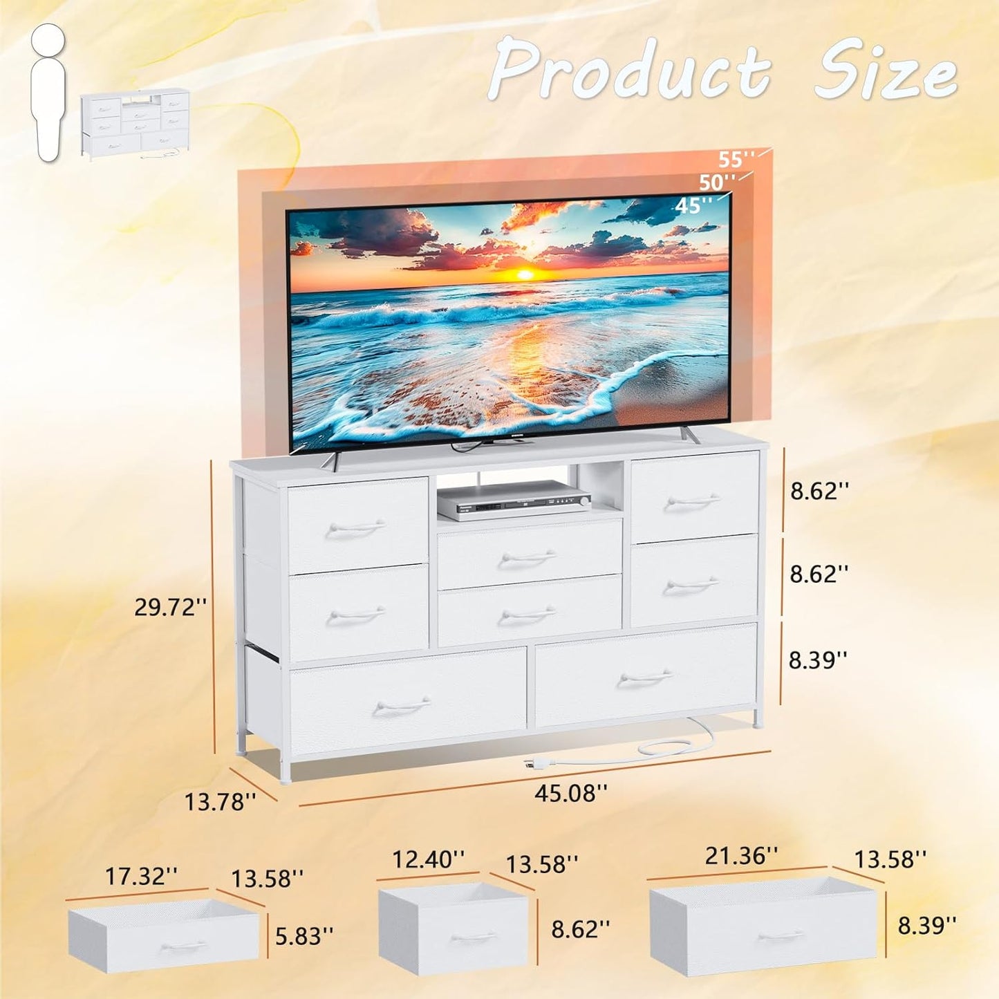 Furnulem Dresser for Bedroom, Wide Chest with Power Outlet for 55" TV Stand Entertainment Center, Deep 8 Drawers for Storage in Living Room,Entryway,Hallway,Closet(White)
