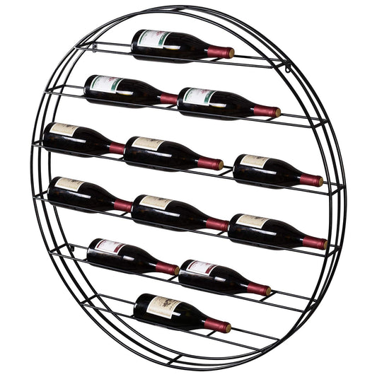 MyGift 12-Bottle Modern Black Metal Round Wall Mounted Wine Rack – 6-Tier Horizontal Storage Shelf for Kitchen, Living Room & Wine Cellar – Space-Saving Wall Decor & Cork Preservation