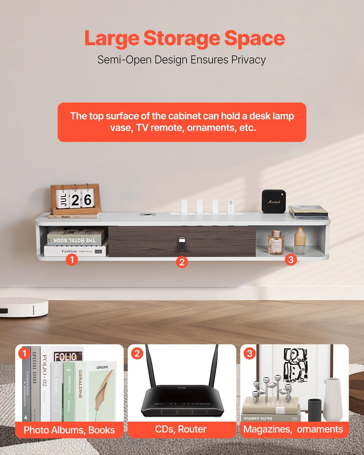 VEVOR Floating TV Stand, 47'' Wall Mounted TV Console Modern Floating Entertainment Center Under TV Shelf with Storage Cabinet, for Bedroom & Living Room, White