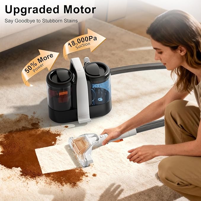 Portable Carpet & Upholstery Spot Cleaner Machine, Pro 18Kpa Powerful Suction Carpet Shampooer for Pet Stains, Furniture, Sofa, Stairs & Car Deep Cleaning with Dual Brush Heads & Cleaning Solution