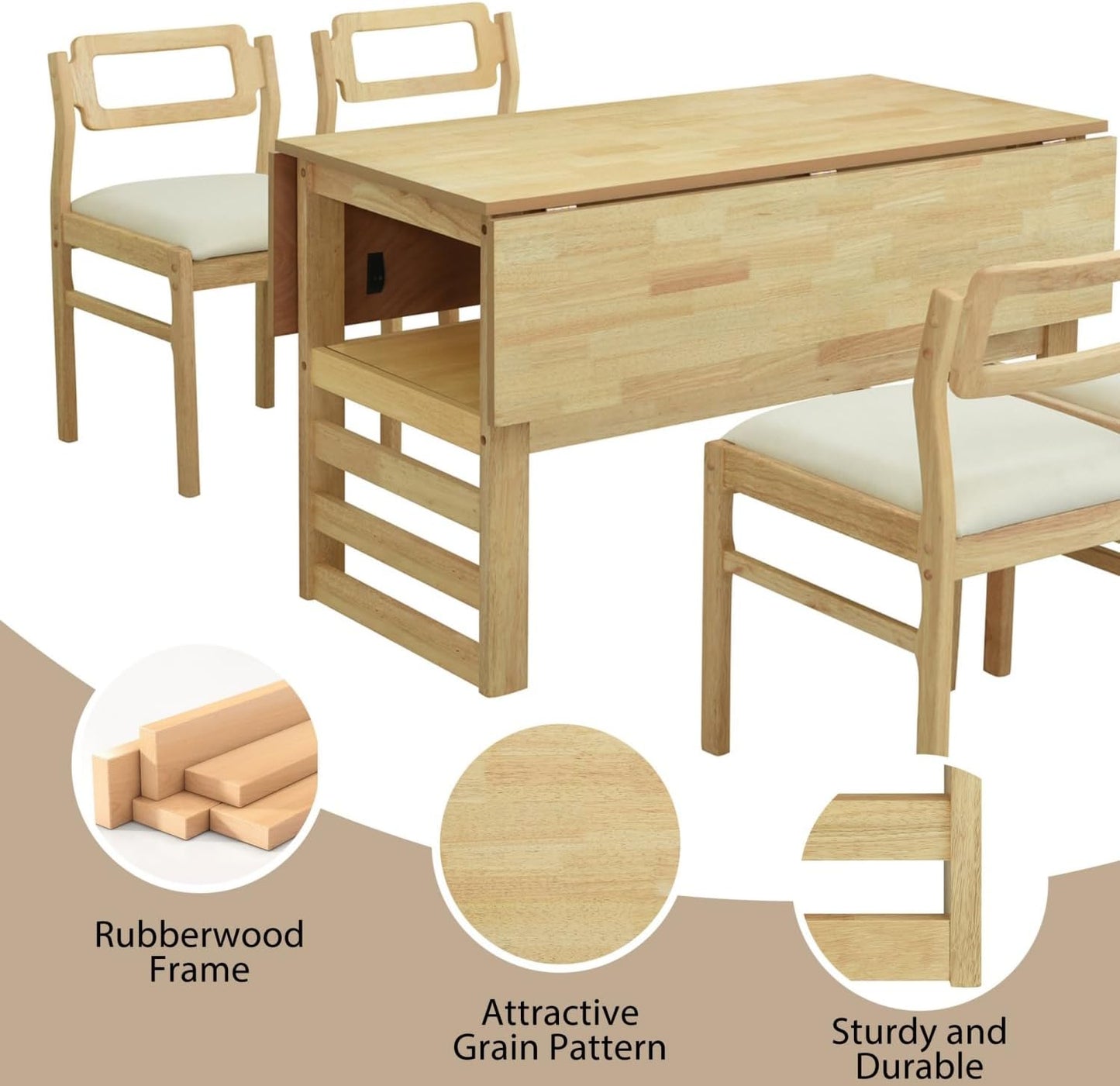 Drop Leaf Dining Table with Chairs Set of 4, 5-Piece Farmhouse Rectangular Dining Room Table with 4 Upholstered Solid Wood Chairs, Extendable Kitchen Tables for Small Place, Natural Rubber Wood