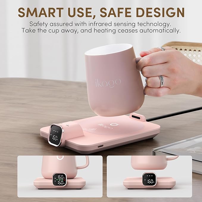 Coffee Mug Warmer Set, ±1°F Precision Temperature Control Smart Heated Mug for Desk, Electric Coffee Warmer with Auto Shut Off & Real-Time Temp Display, Gifts for Men Women, 15oz Ceramic Mug, Pink