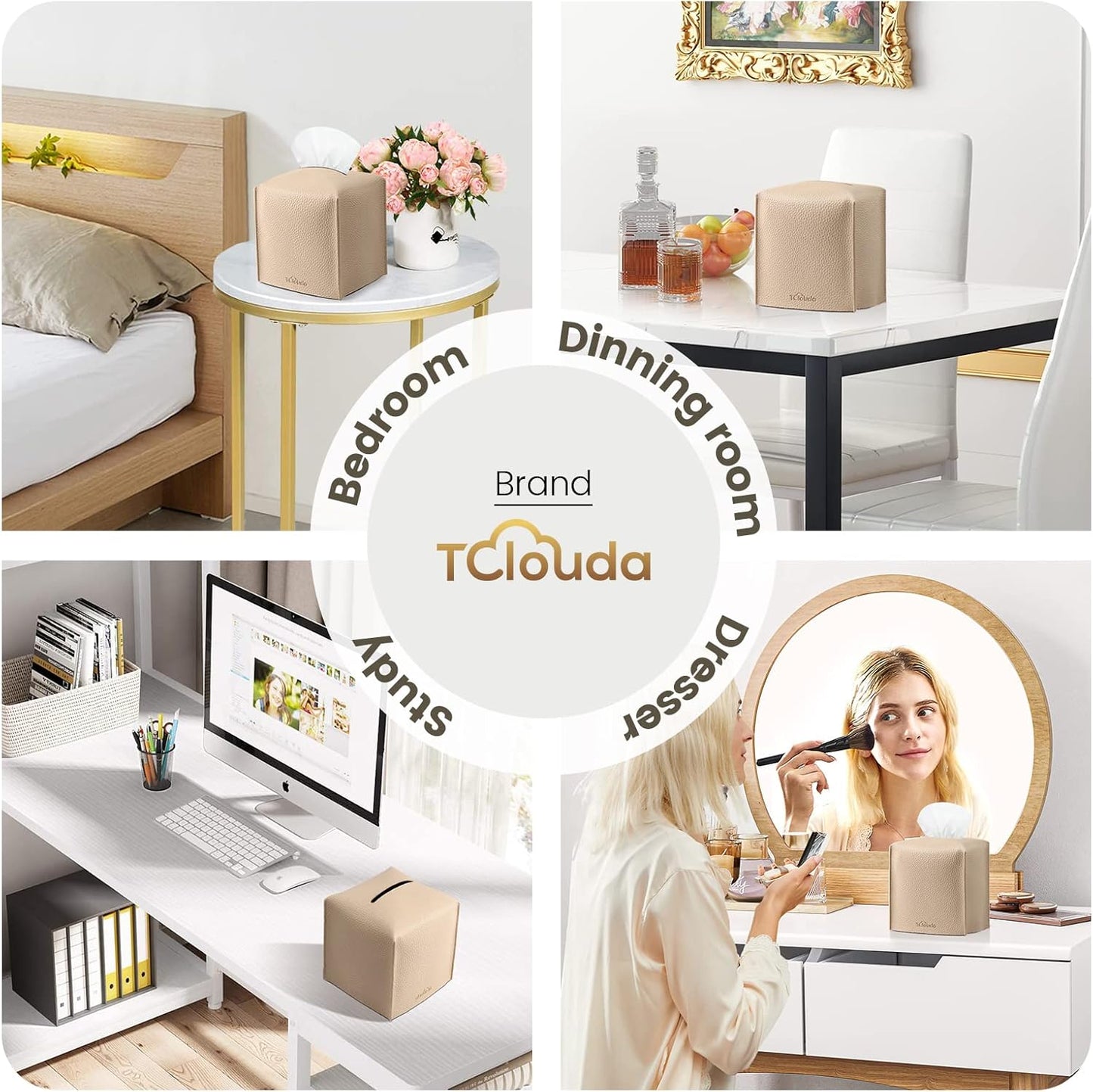 Tissue Box Cover, Tclouda, Modern PU Leather Square Tissue Box Holder for Creative Decorative, 2 Pack, Ideal for Bathrooms/Office/Car/Nightstand/Outdoor Tent/Dining Table, 5"X5"X5", Double Beige