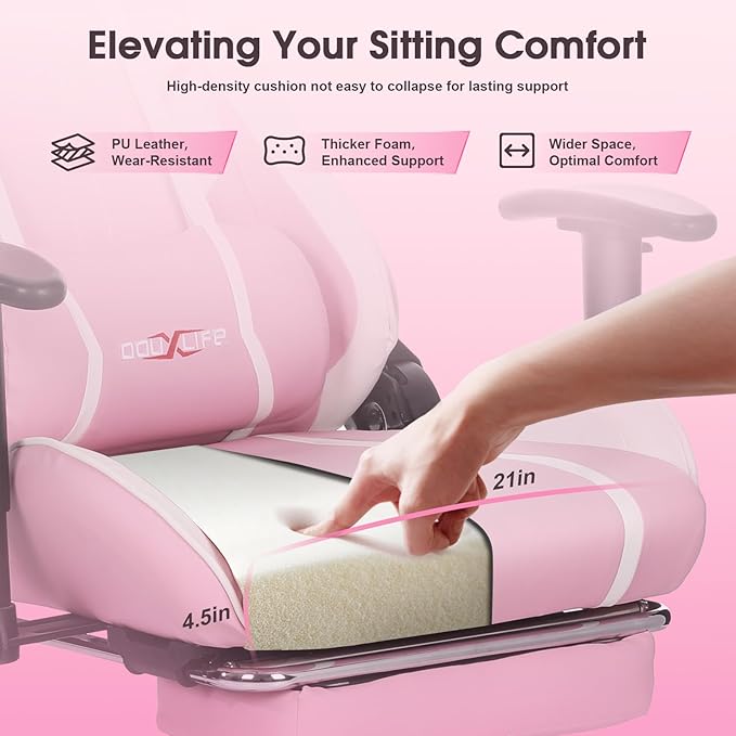 Douxlife Computer Gaming Chair with Footrest, Height Adjustable Game Chair for Adults 360°-Swivel Seat and Headrest and for Office or Gaming, Racing Style Pink and White