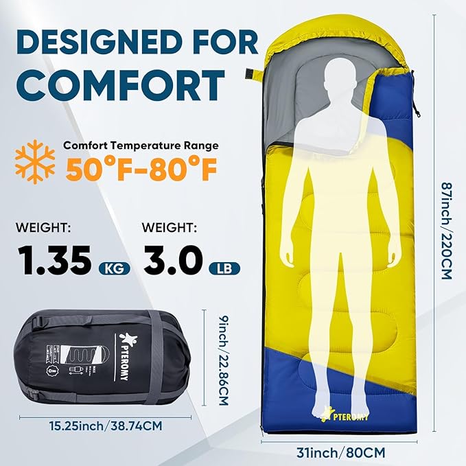 PTEROMY Sleeping Bags for Adults, Lightweight and Machine Washable, Water Resistant Backpacking Camping Sleeping Bag for Warm Cold Weather, Camping Essentials for Hiking Travel